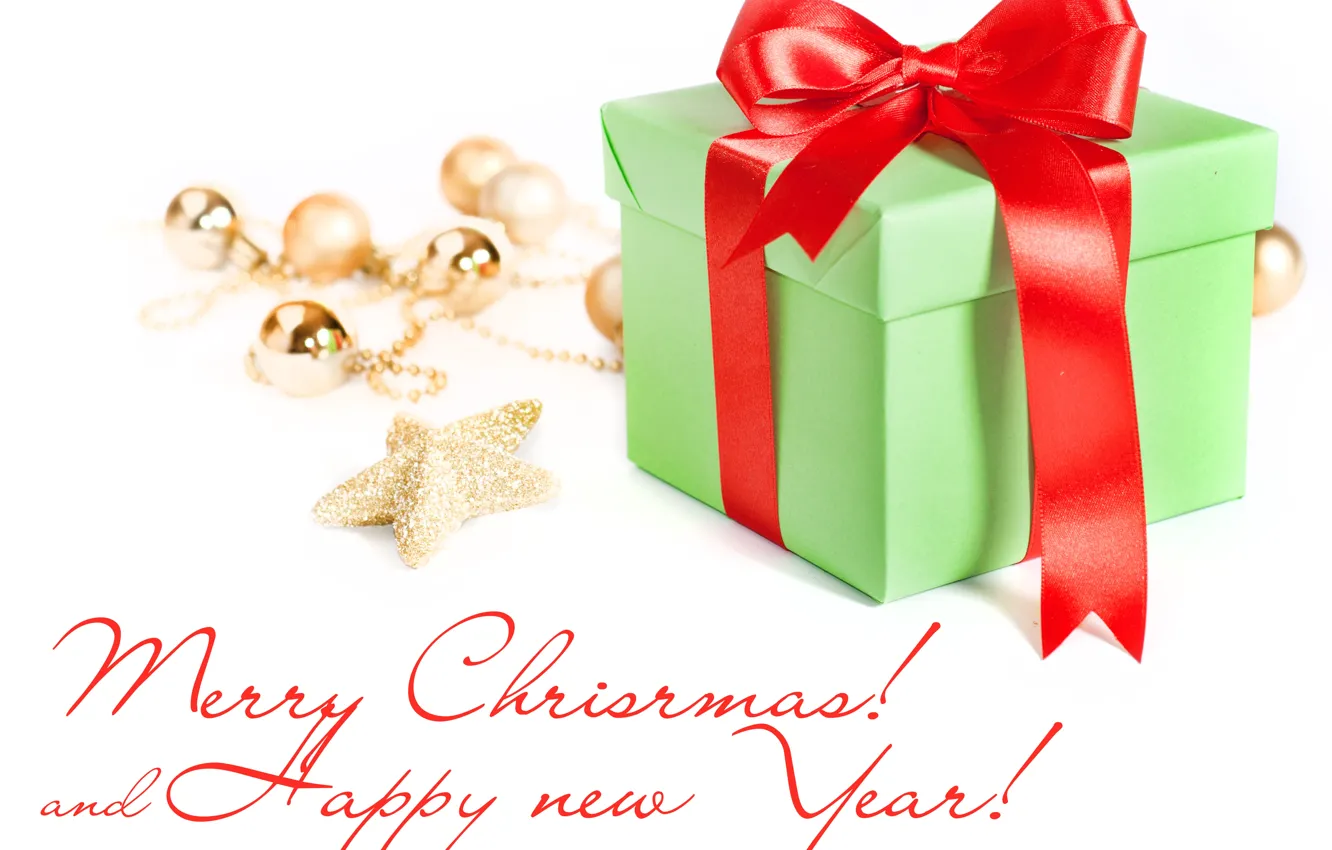 Photo wallpaper box, gift, balls, tape, stars, bow, Christmas decorations, congratulations