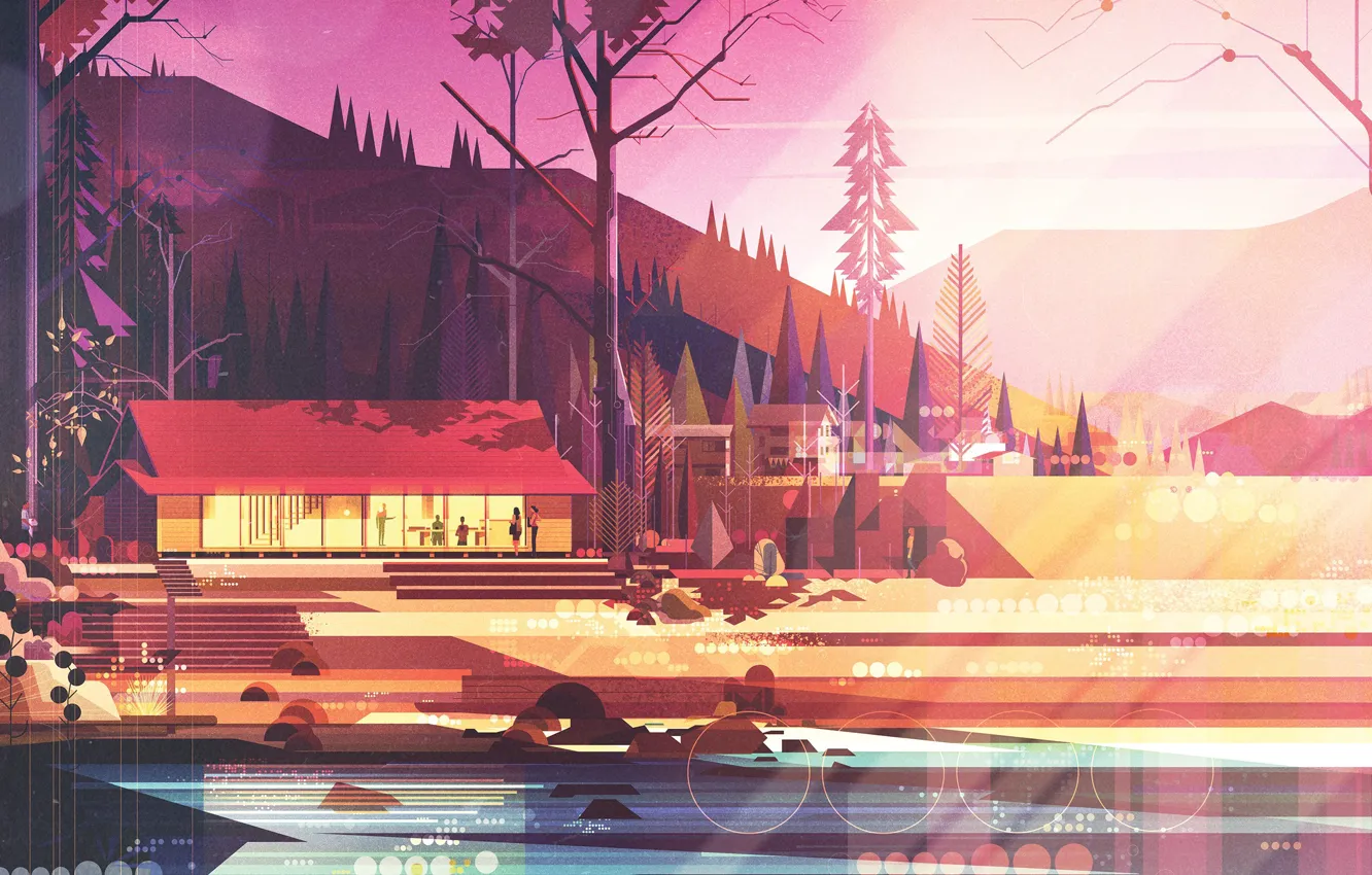 Photo wallpaper forest, trees, mountains, style, building, home, minimalism, art