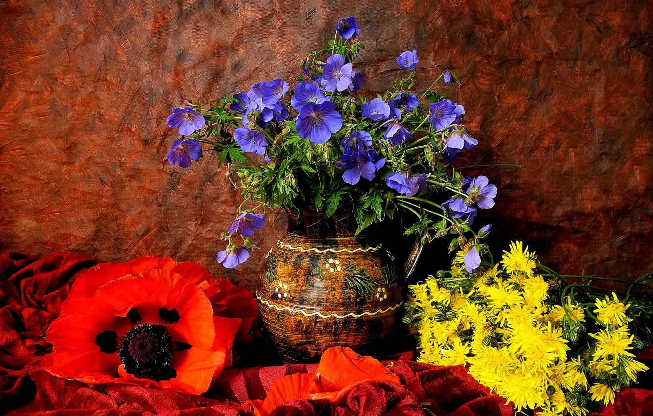 Photo wallpaper dandelion, Mac, petals, vase, pitcher, still life