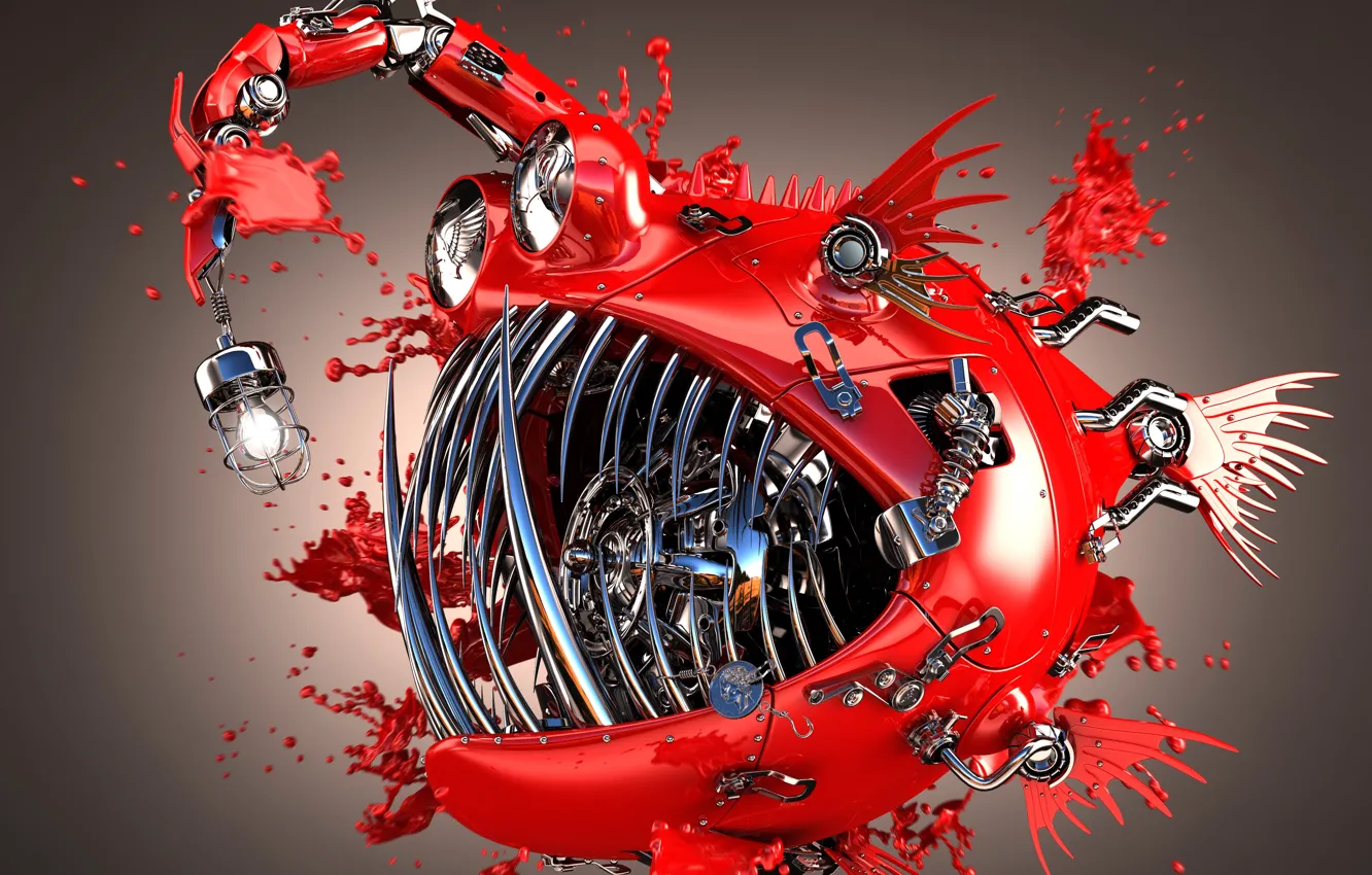 Photo wallpaper water, drops, squirt, red, metal, Shine, details, fish lantern