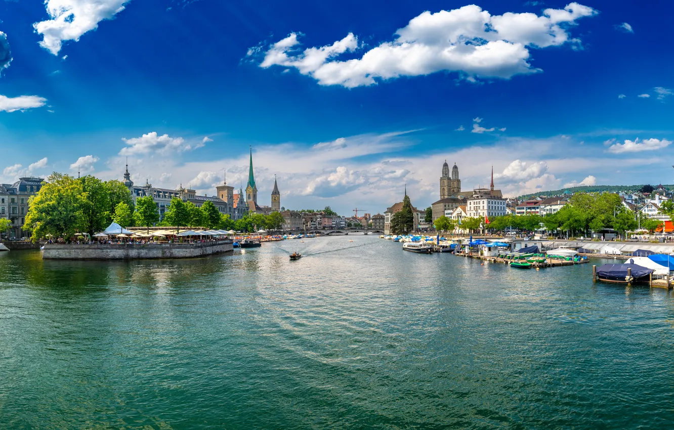 Photo wallpaper clouds, lake, home, Switzerland, panorama, Zurich