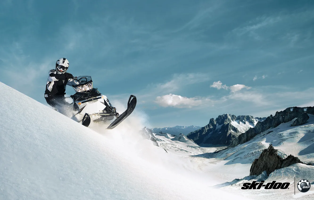 Photo wallpaper forest, snow, mountains, sport, sport, snow, snowmobile, summit