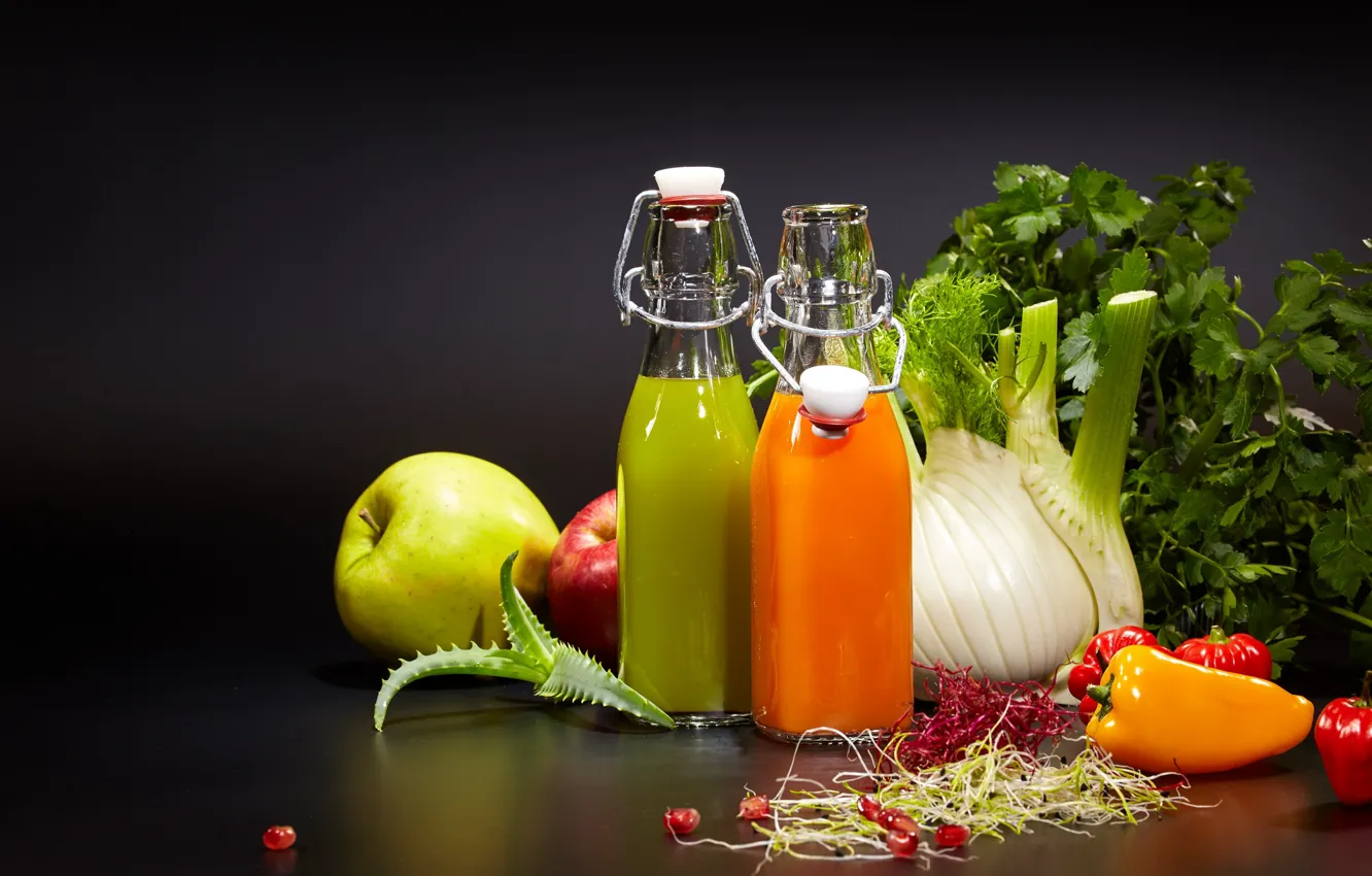 Photo wallpaper greens, apples, juice, pepper, aloe