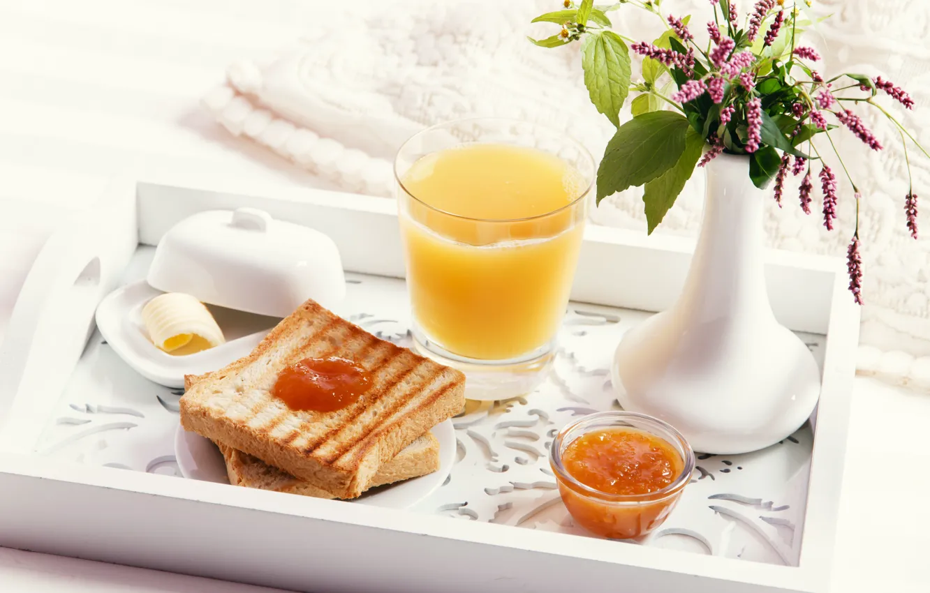 Photo wallpaper oil, morning, juice, bread, jam, vase with flowers, tray, Breakfast in bed
