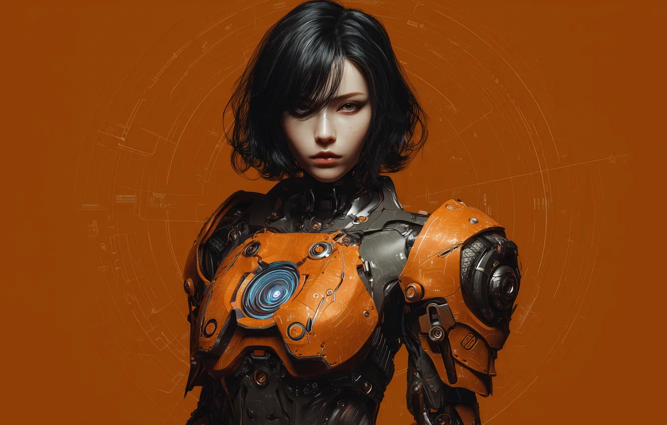 Photo wallpaper science fiction, orange, women, Illustration, cyborg, Cyberpunk, looking at viewer, AI Art