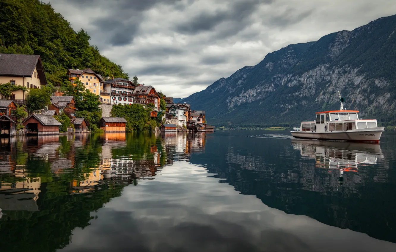Photo wallpaper mountains, lake, building, home, Austria, Alps, ship, Austria