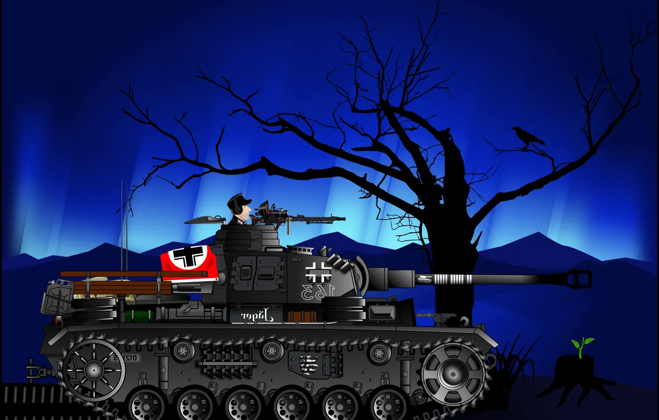 Photo wallpaper trees, art, tank, side, machine gun, German, tankers