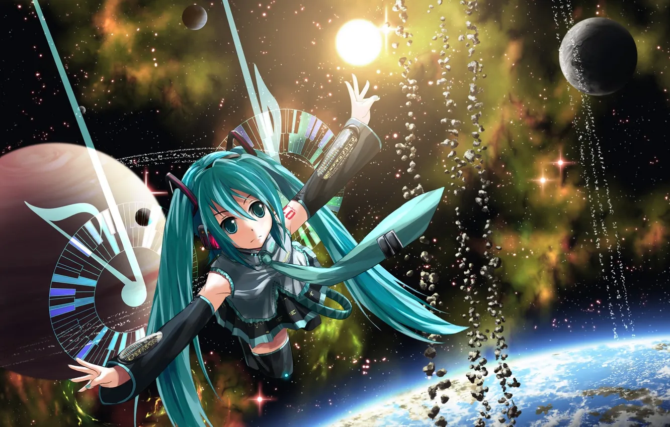 Photo wallpaper girl, space, earth, planet, anime, art, vocaloid, hatsune miku
