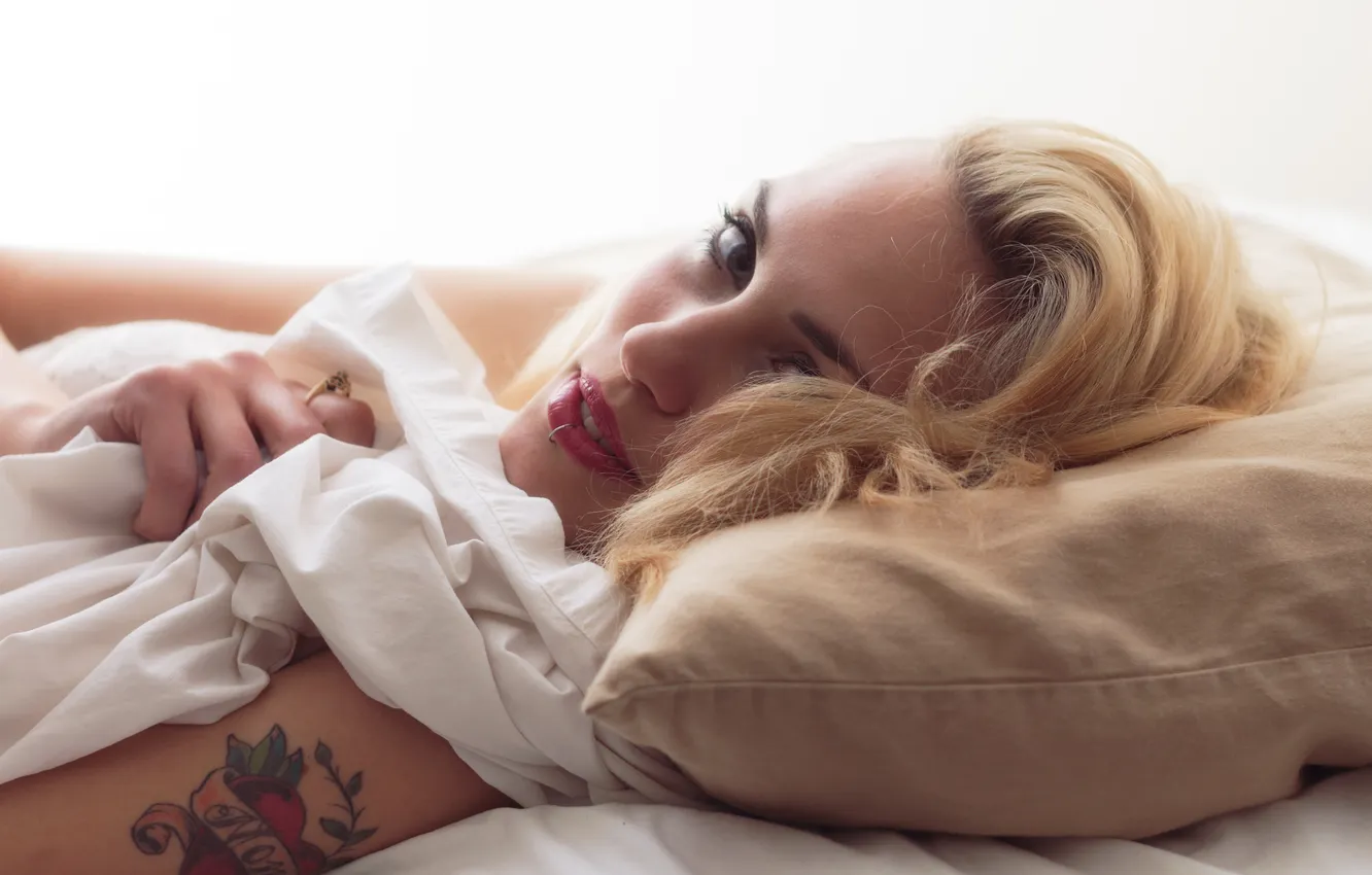 Photo wallpaper girl, piercing, ring, tattoo, blonde, tattoo