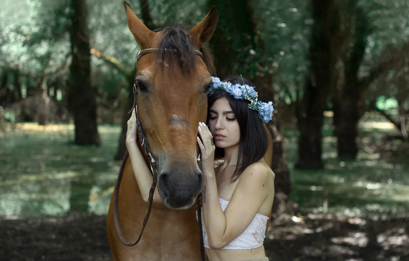 Photo wallpaper girl, horse, brunette