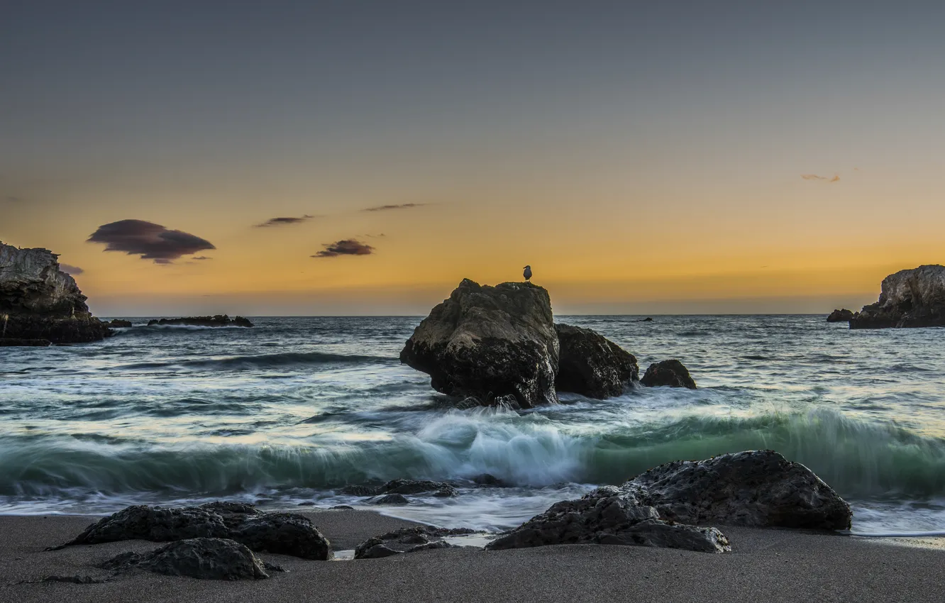 Photo wallpaper wave, beach, sunset, the ocean, rocks, California