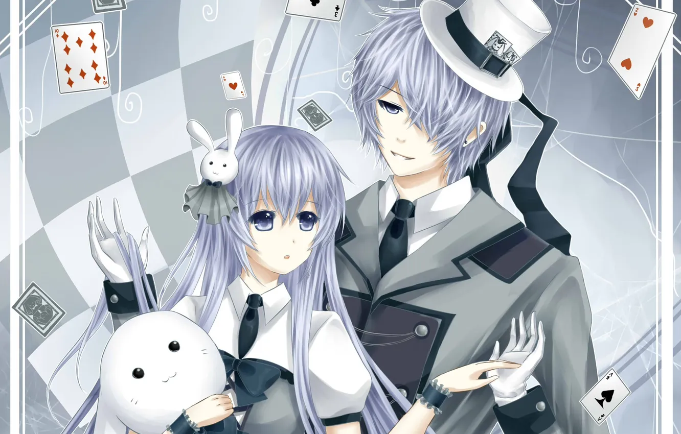 Photo wallpaper girl, toy, hare, map, hat, guy