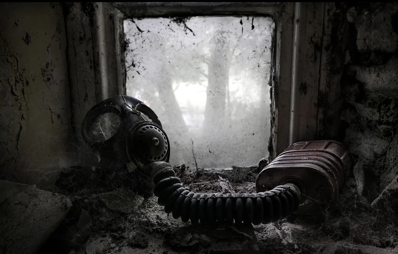 Photo wallpaper background, window, gas mask
