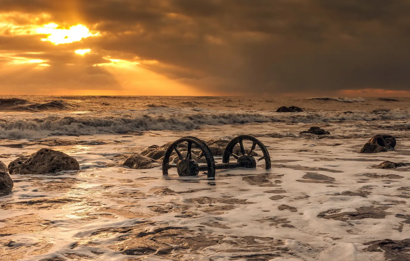 Photo wallpaper sea, sunset, wheel