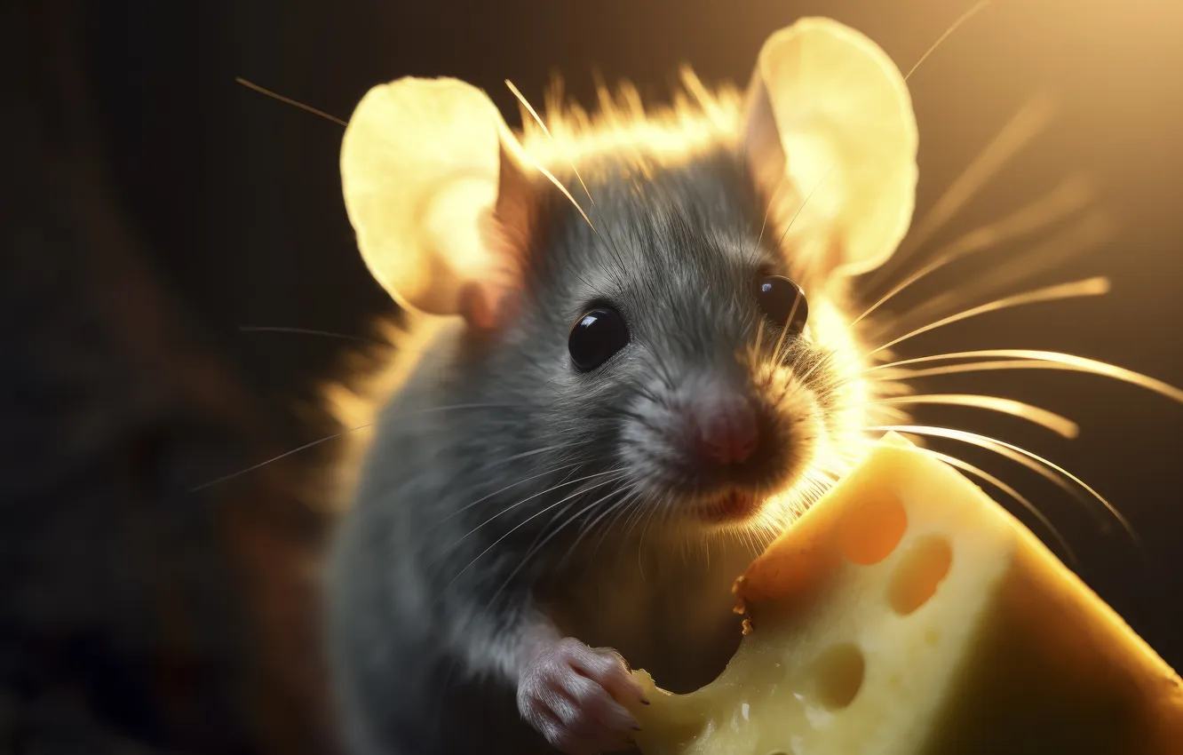 Photo wallpaper cheese, rat, eating, close up