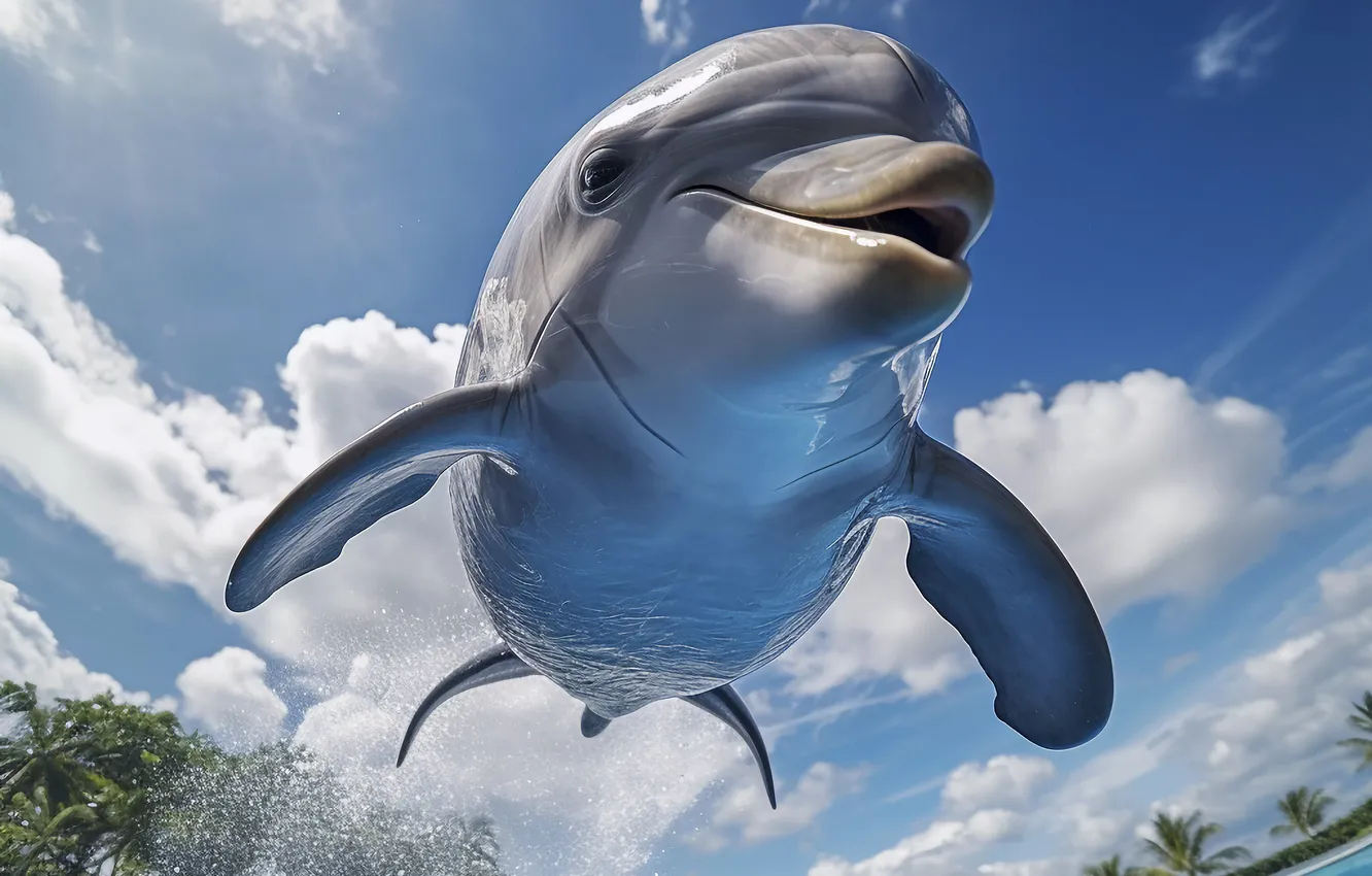 Photo wallpaper clouds, jump, dolphins, digital art, AI art, The Art of Artificial Intelligence, neural network