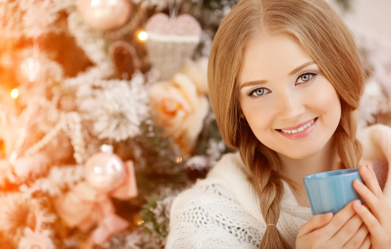 Photo wallpaper look, girl, smile, heat, blonde, Cup, gray-eyed