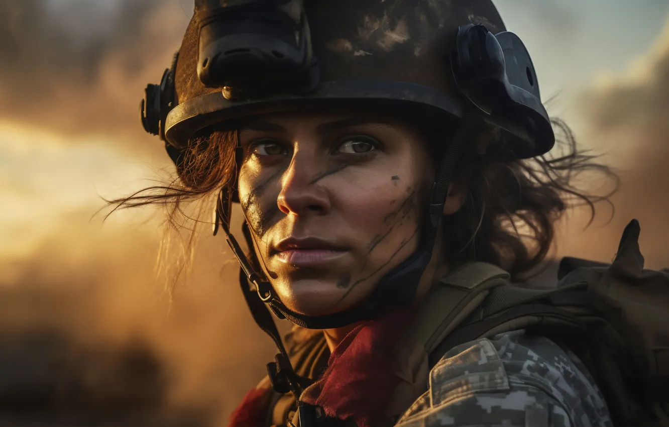 Photo wallpaper look, girl, soldiers, helmet, digital art, AI art, The Art of Artificial Intelligence, neural network