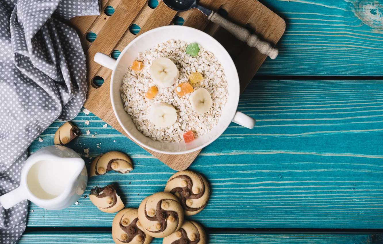 Photo wallpaper food, Breakfast, milk, cookies, bananas, oatmeal