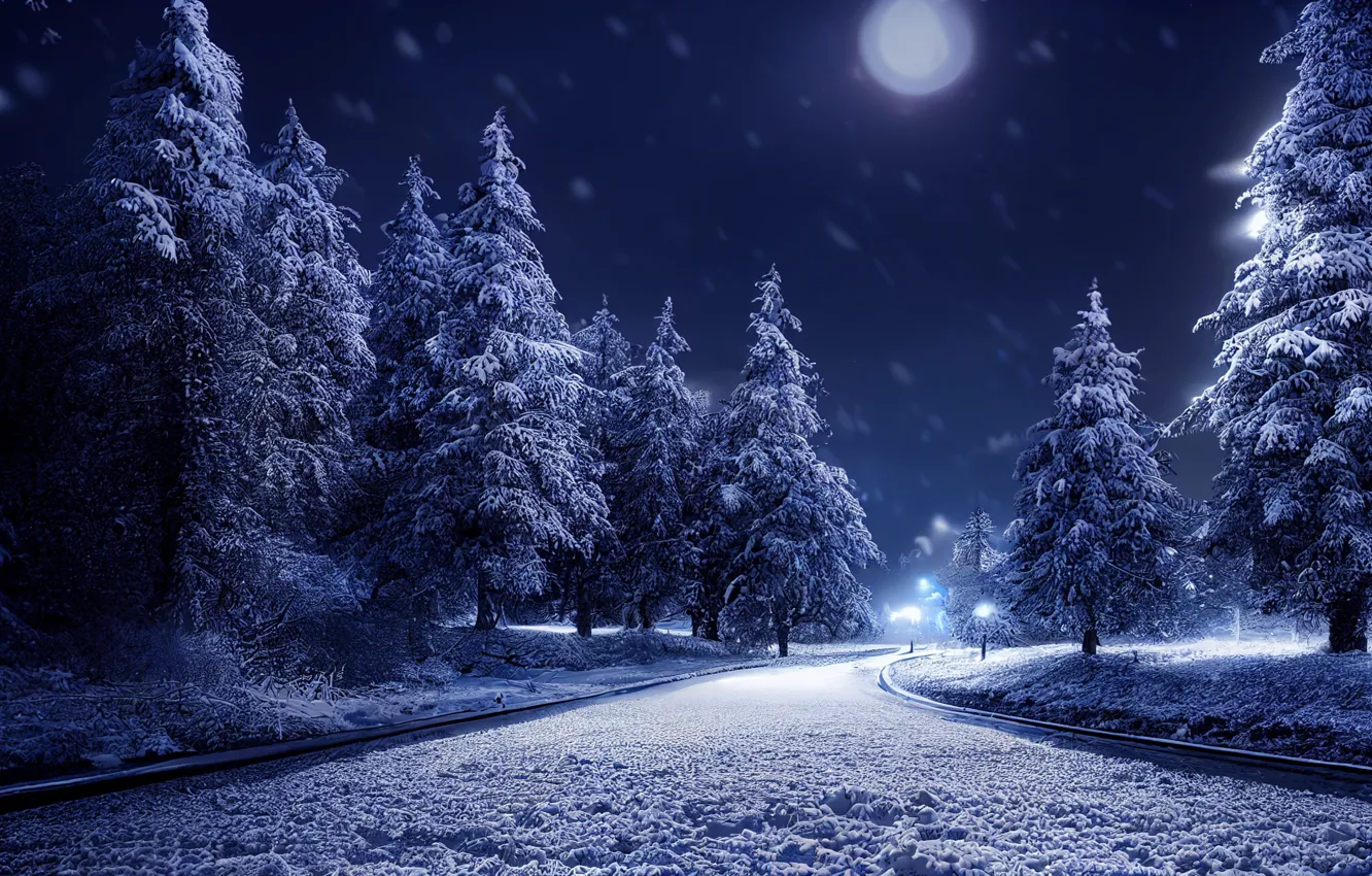 Photo wallpaper winter, frost, road, forest, snow, night, the moon, tree