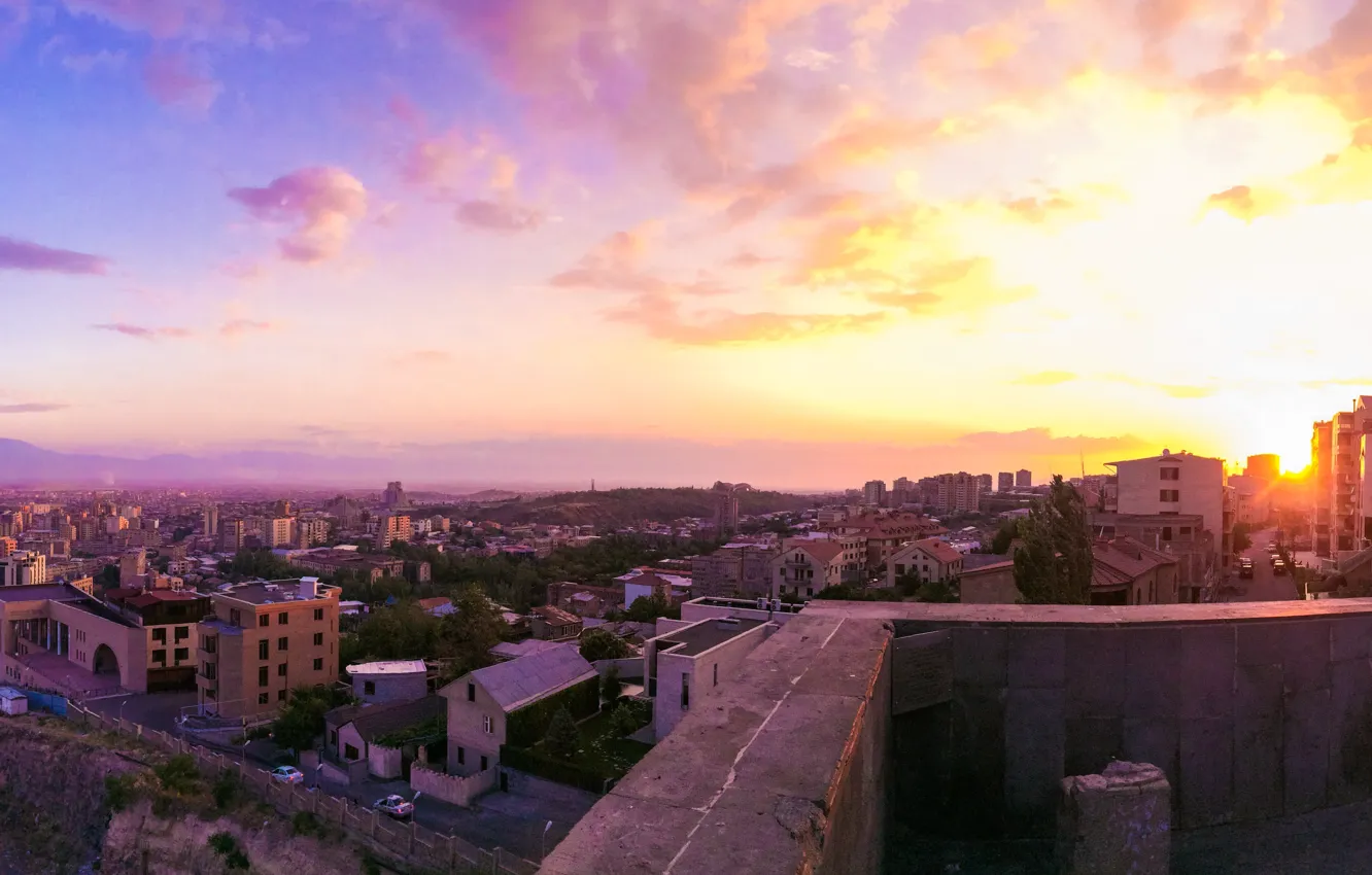 Photo wallpaper the sky, the sun, landscape, sunset, cascade, Armenia, Armenia, Yerevan