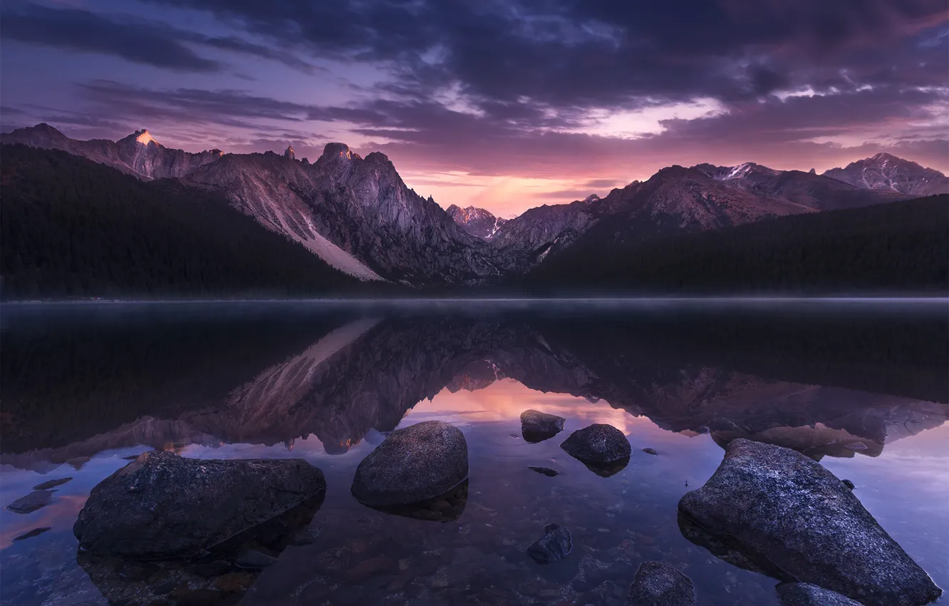 Photo wallpaper the sky, clouds, mountains, lake, reflection, stones