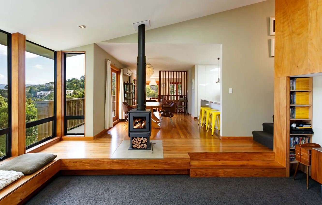 Photo wallpaper design, New Zealand, style, interior, fireplace, living space