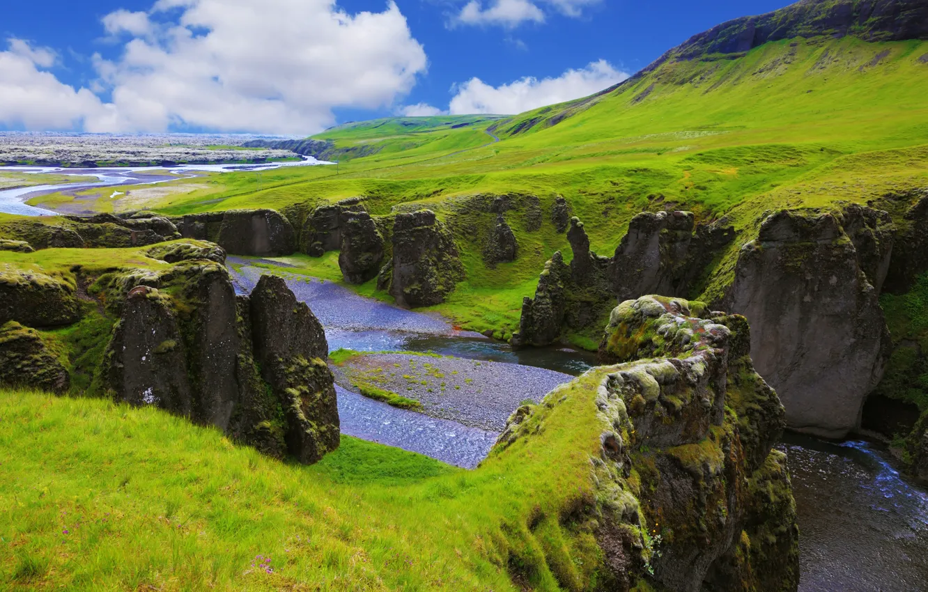 Photo wallpaper greens, grass, clouds, mountains, stones, rocks, river, Iceland