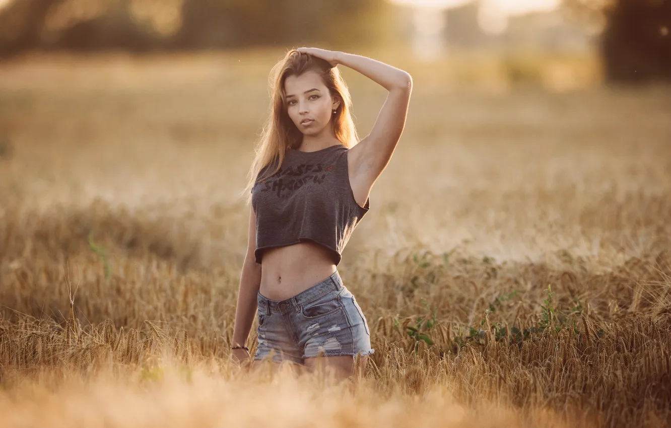 Photo wallpaper field, look, girl, the sun, landscape, sexy, pose, model