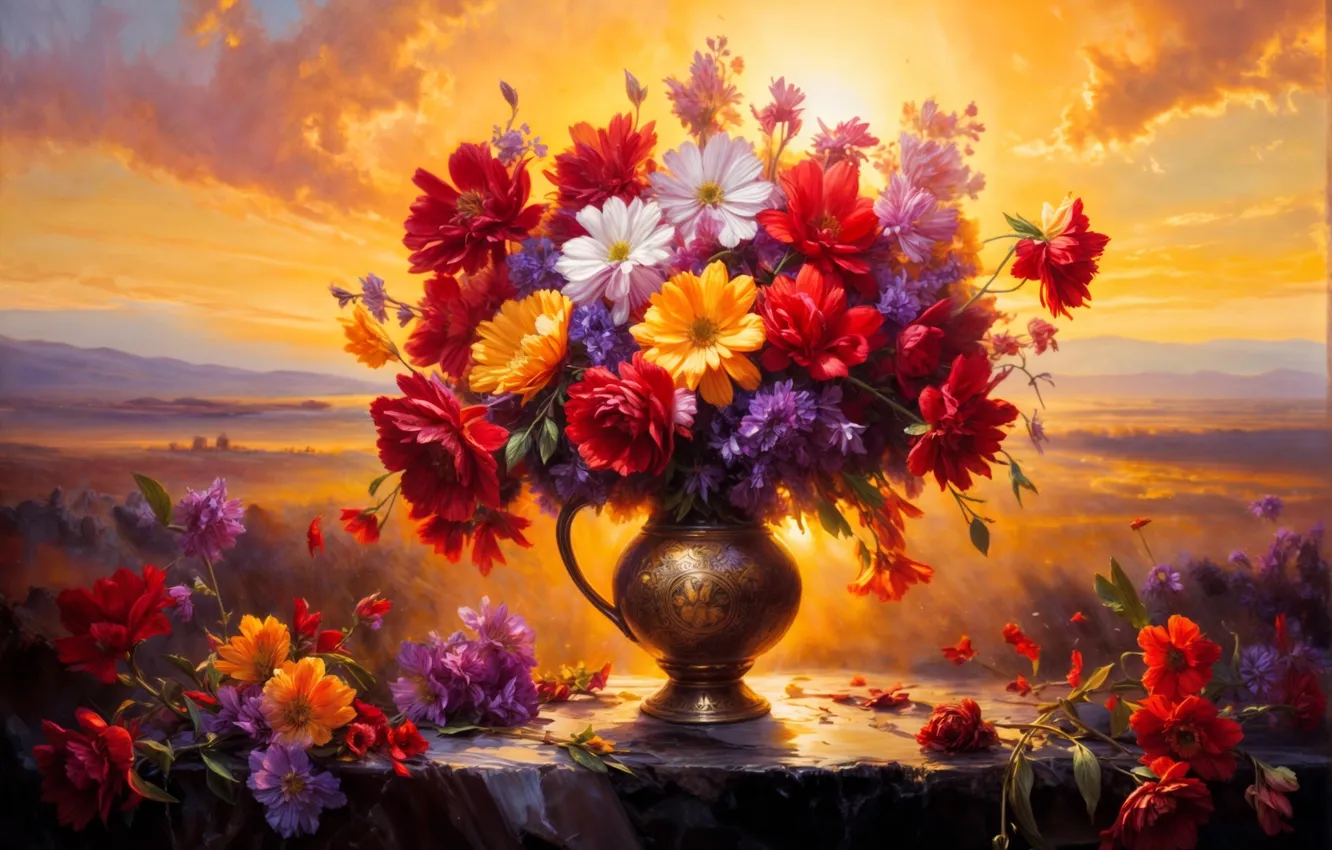 Photo wallpaper sunset, flowers, bouquet, pitcher
