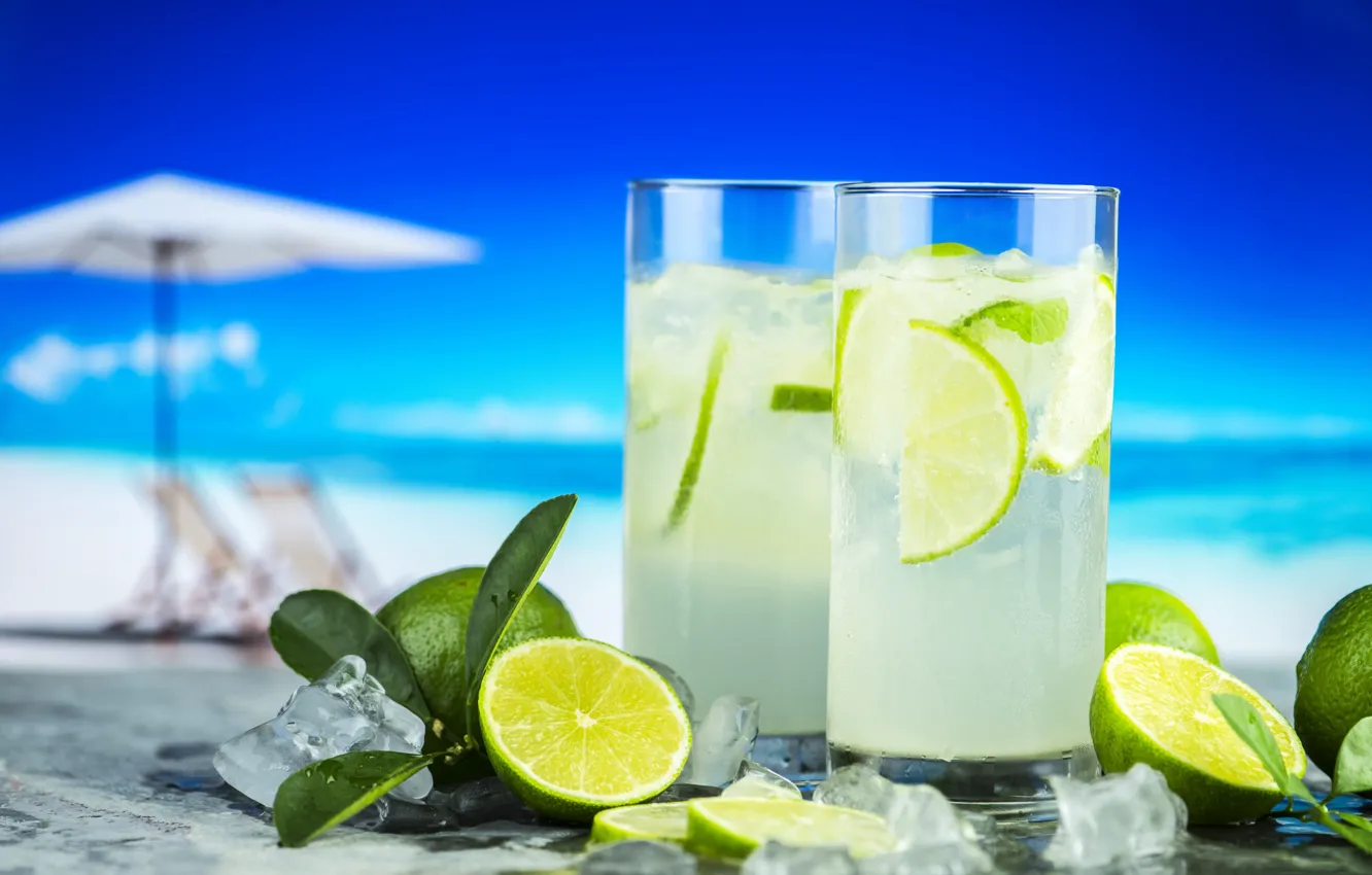 Photo wallpaper beach, glass, lime, drink, lemonade