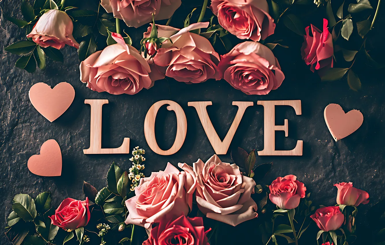Photo wallpaper love, flowers, romance, heart, roses, love, Valentine's day, pink