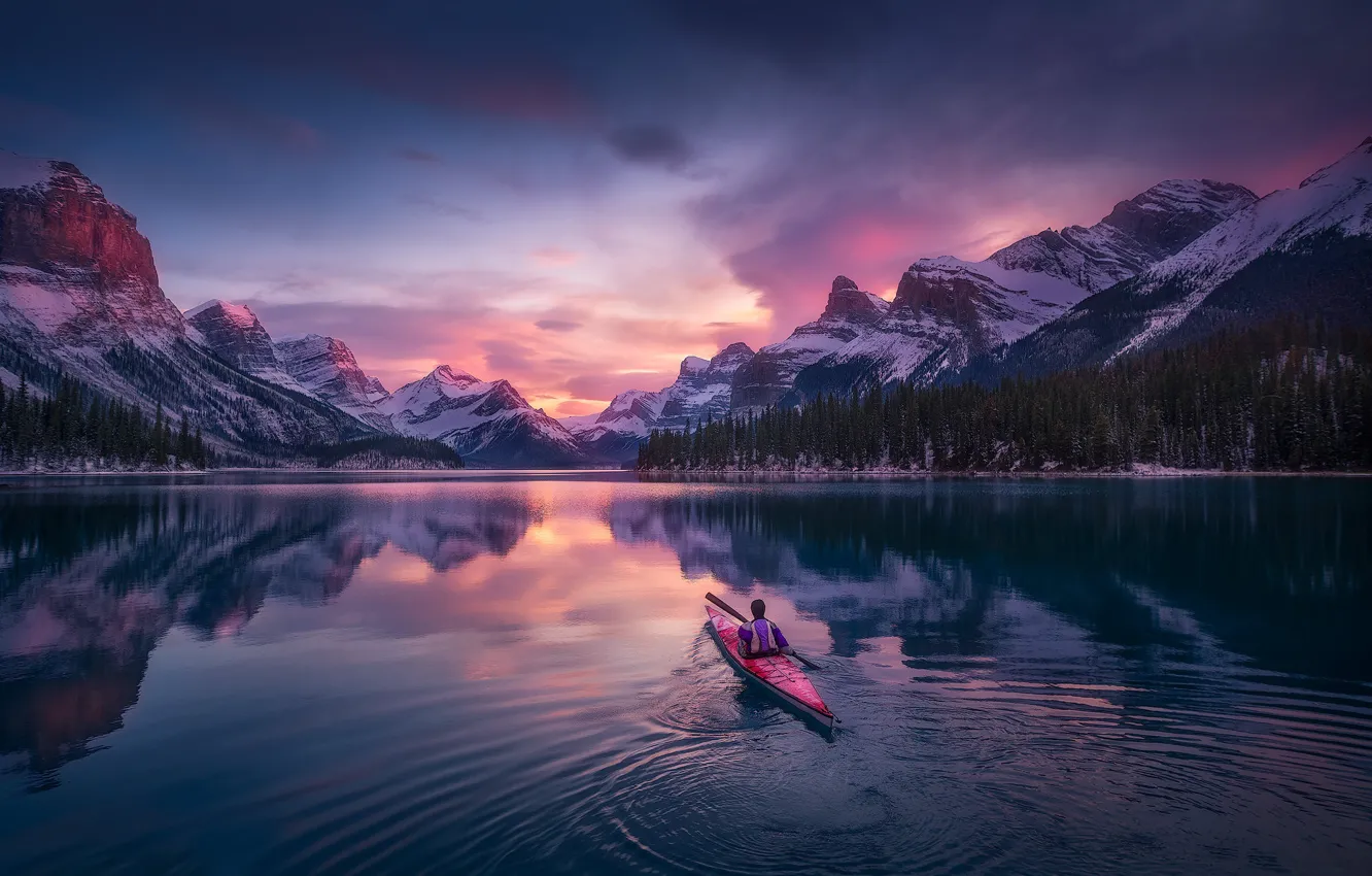 Photo wallpaper sunset, mountains, boat, people, pond