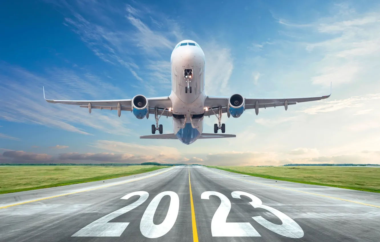 Photo wallpaper road, new year, the plane, liner, the rise, New Year, 2023
