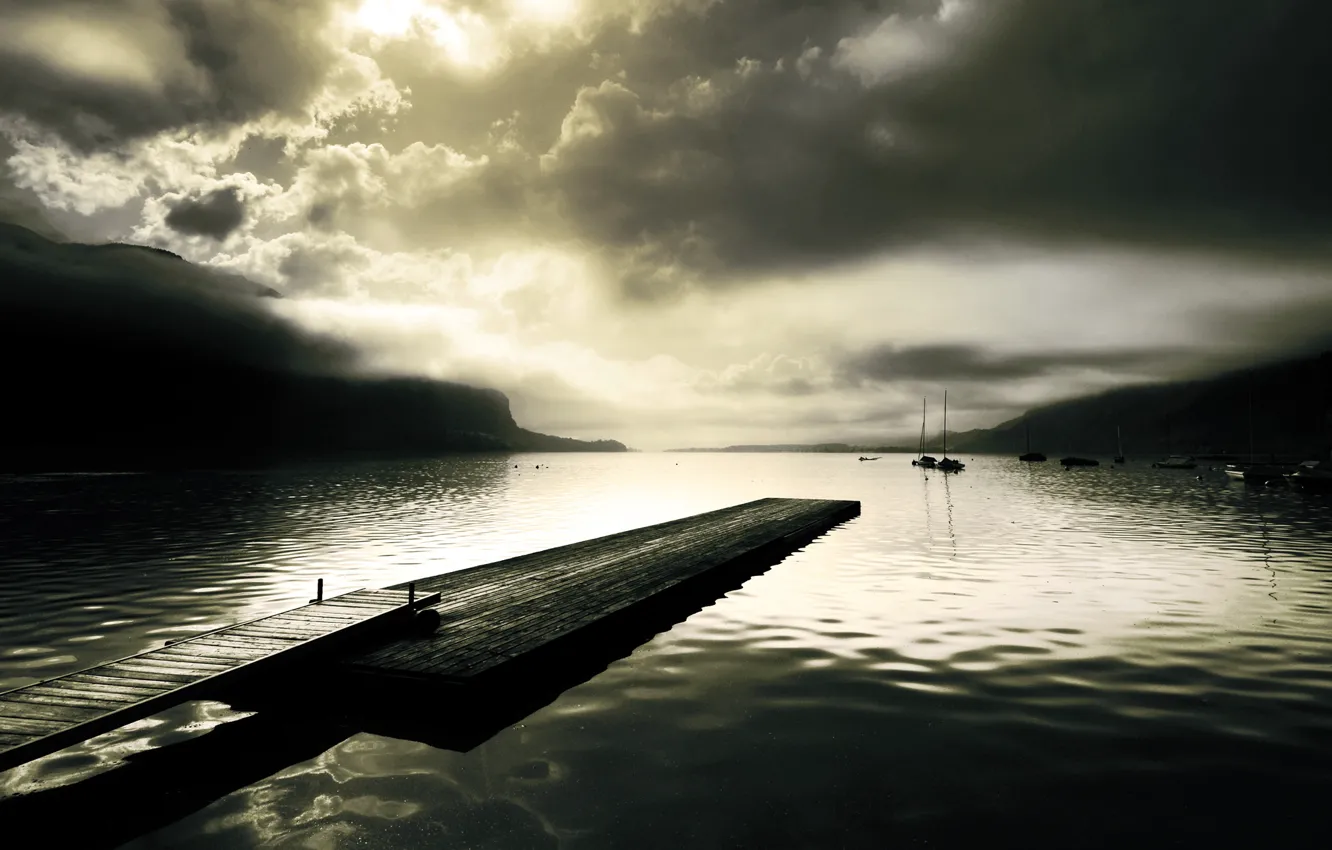 Photo wallpaper fog, lake, surface, hills, Board, Marina, sailboat, ships