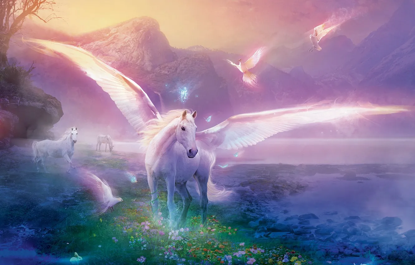 Photo wallpaper flowers, horse, pigeons, Pegasus