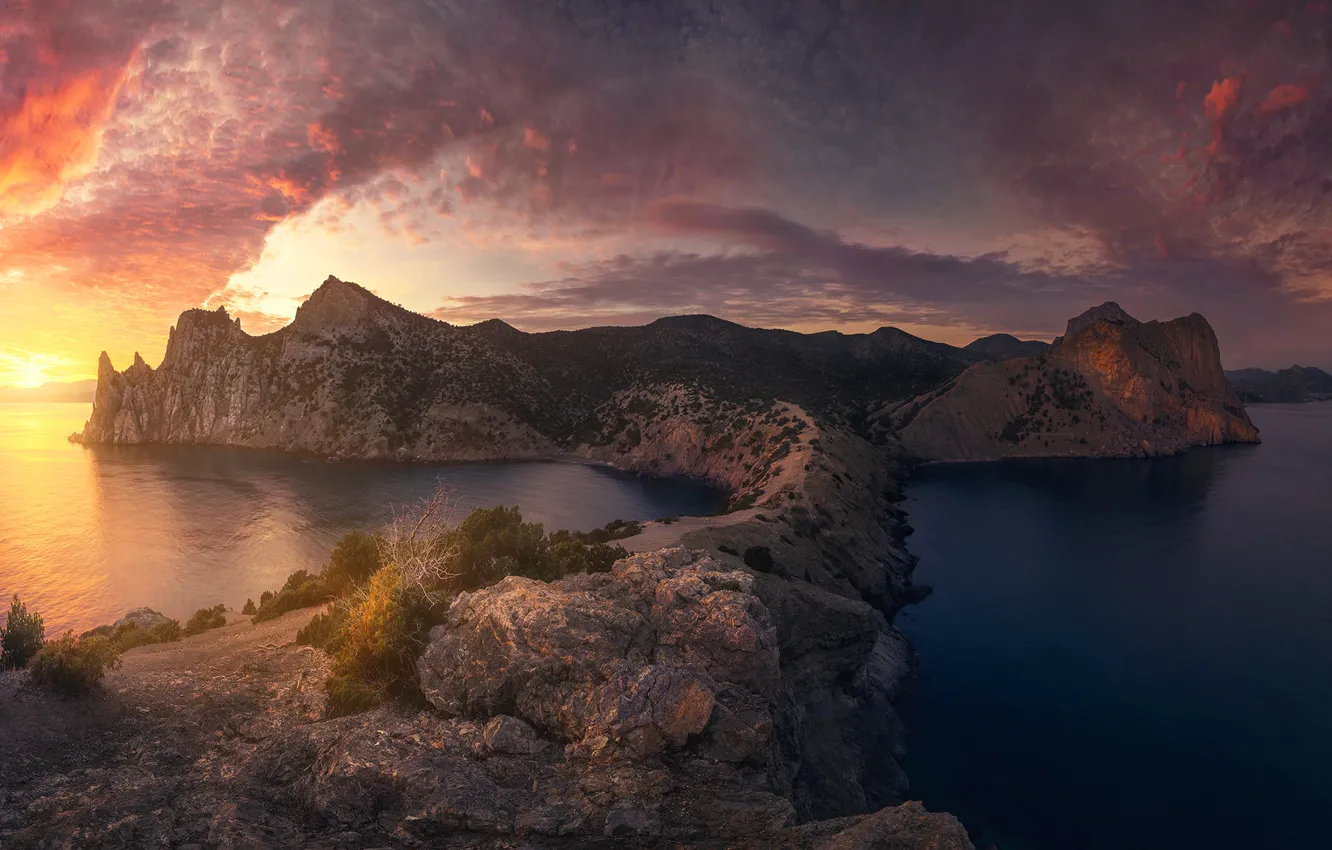 Photo wallpaper sea, the sky, sunset, rocks, Politova Anna