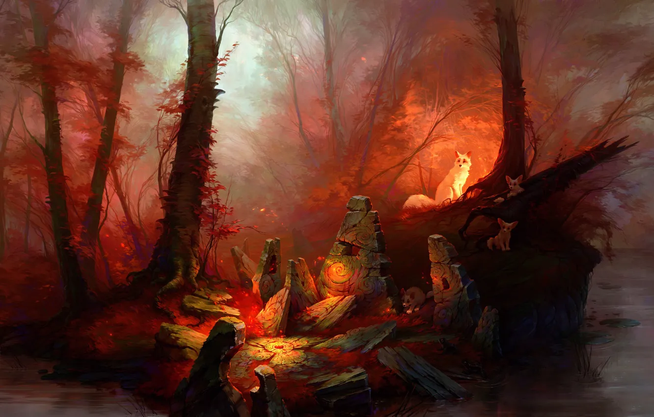 Photo wallpaper forest, stones, magic, art, forest, red magic