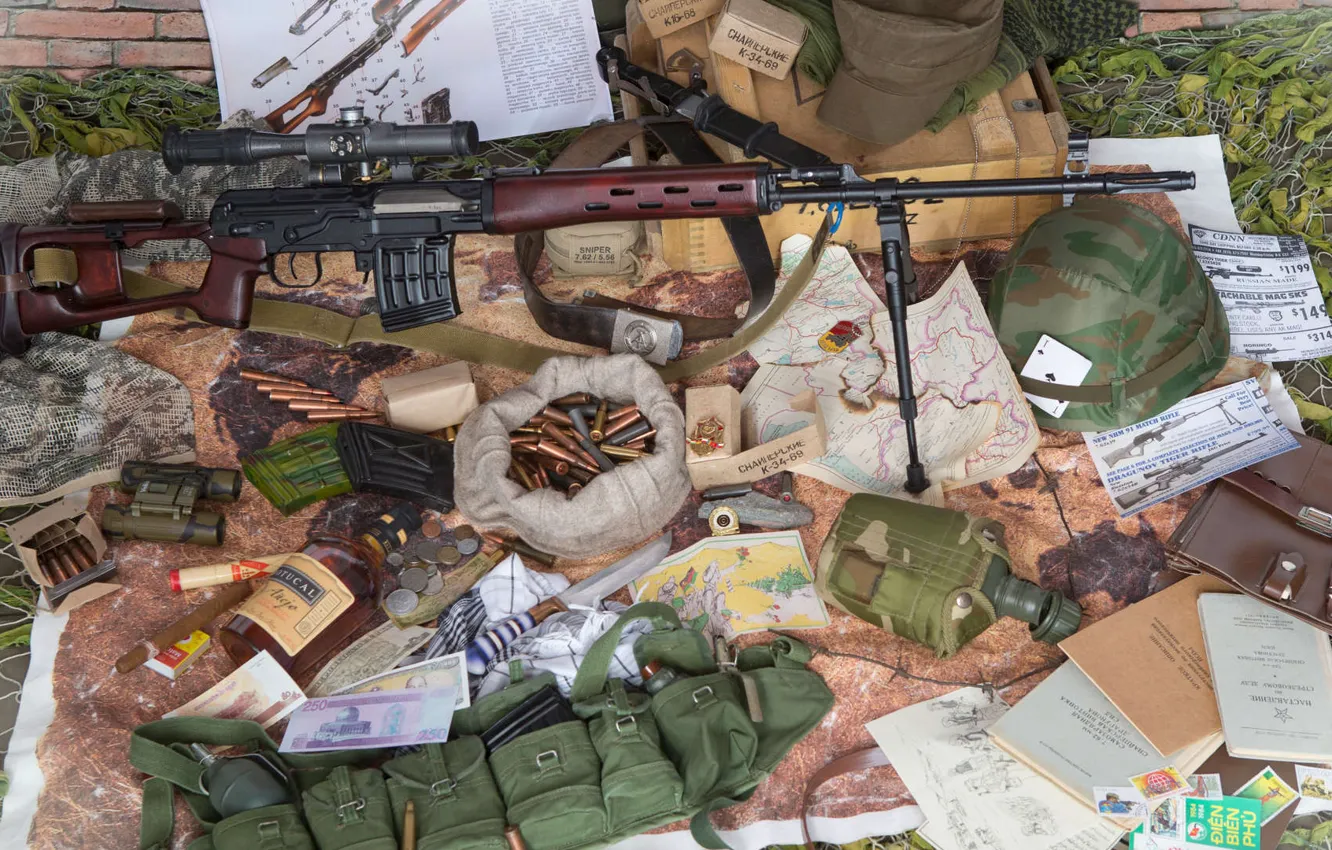 Photo wallpaper binoculars, cartridges, helmet, SVD, 62 mm, bayonet knife, Dragunov sniper rifle