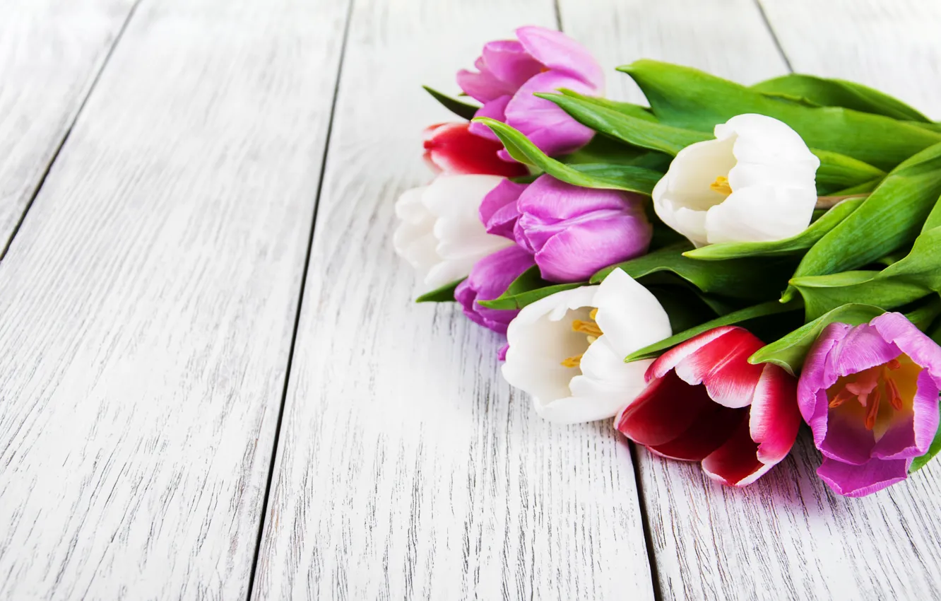 Photo wallpaper flowers, bouquet, colorful, tulips, wood, pink, flowers, tulips