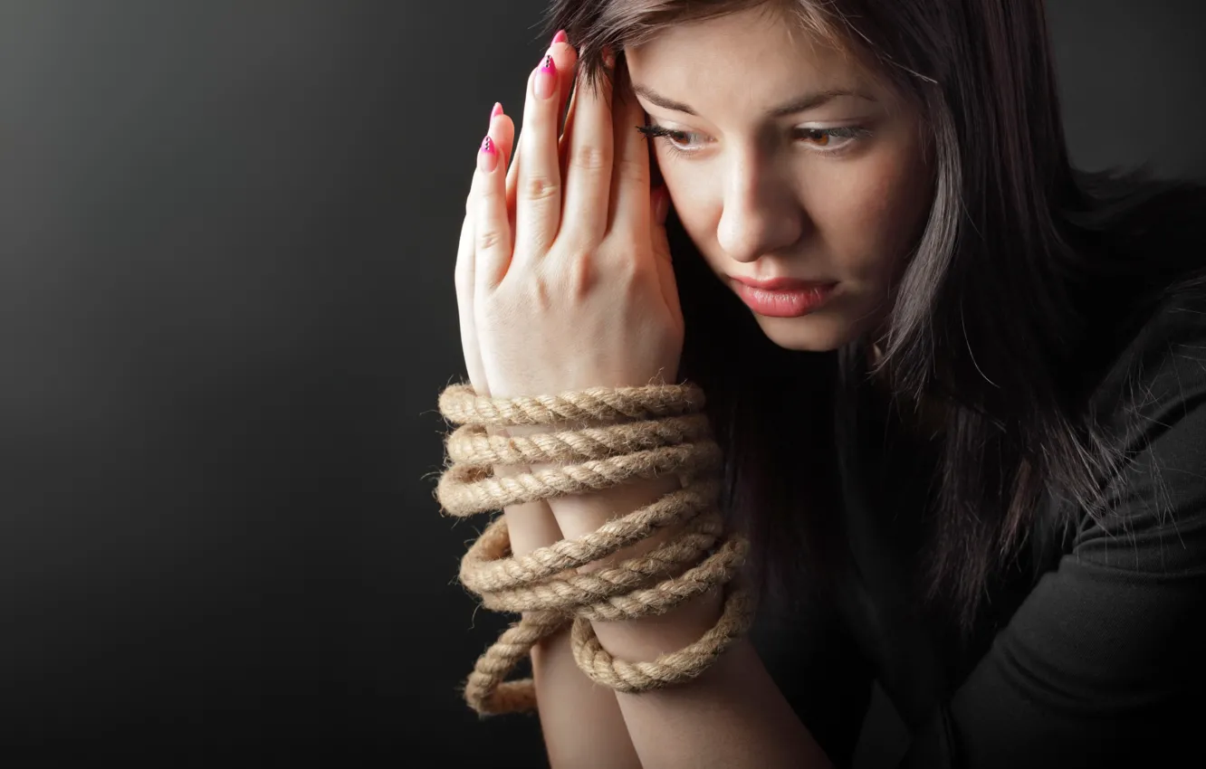 Photo wallpaper woman, hands, rope, shackles