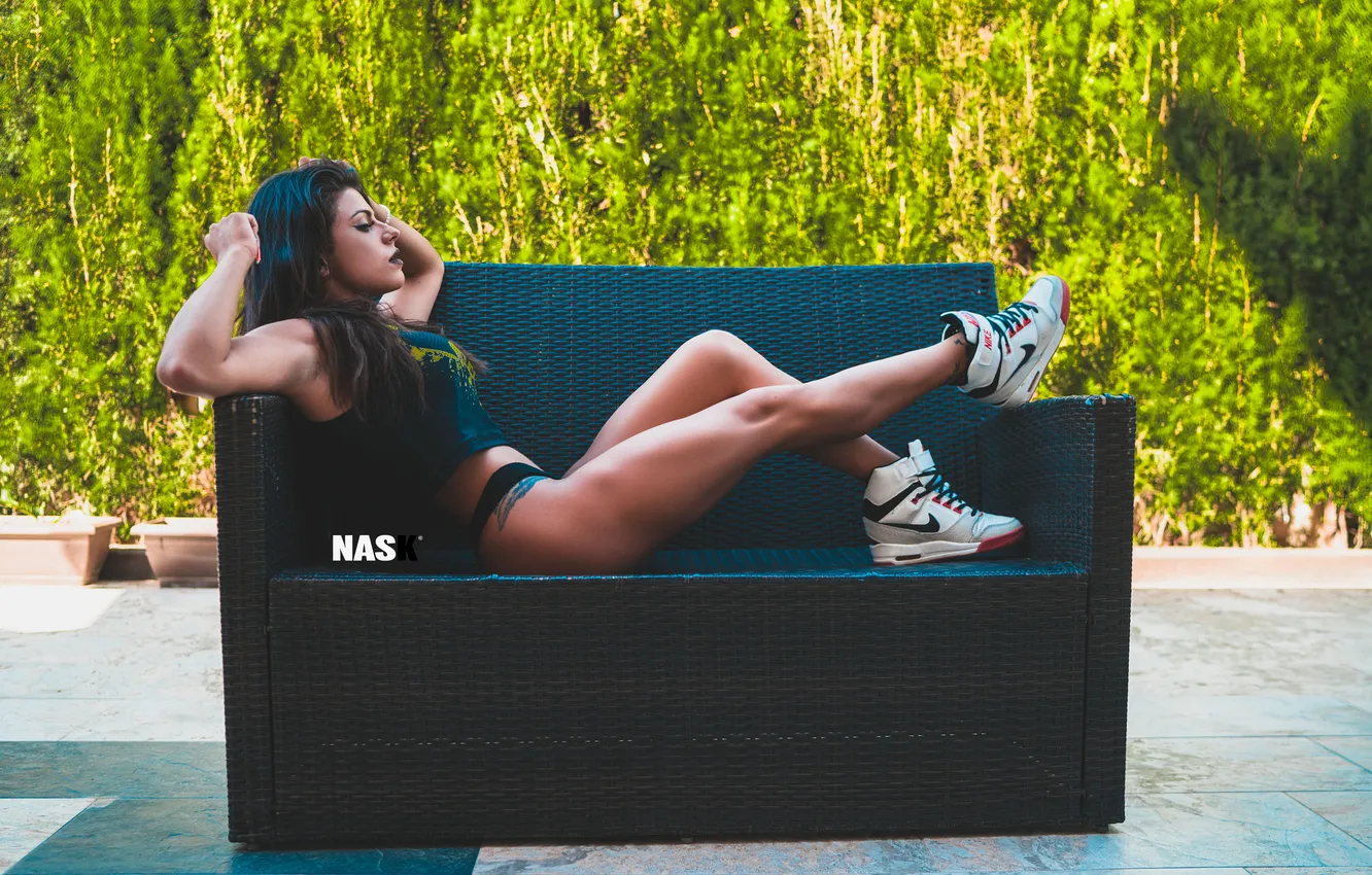 Photo wallpaper tattoo, women, t-shirt, couch, black panties, sneakers, tanned, tank top