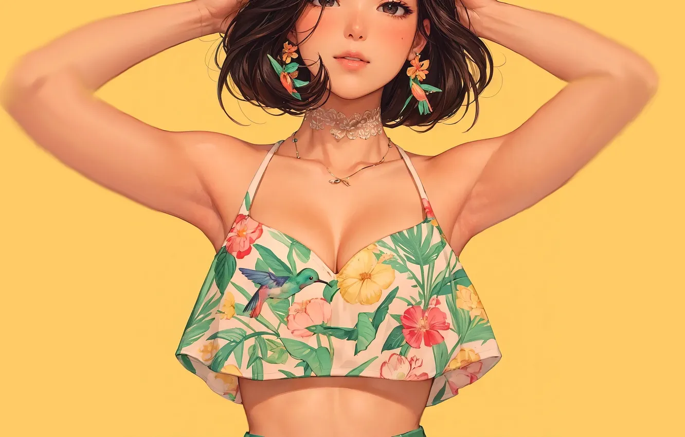 Photo wallpaper girl, sexy, anime, flowers, short hair, babe, belly, tummy