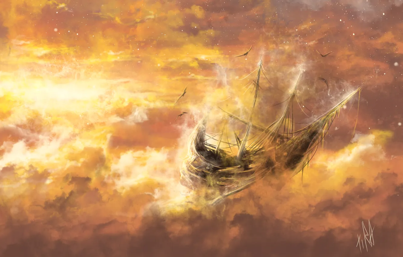 Photo wallpaper clouds, fantasy, bird, ship, art