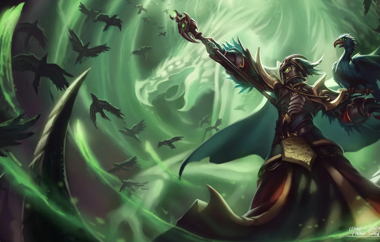 Photo wallpaper weapons, bird, spirit, art, crows, male, staff, armor