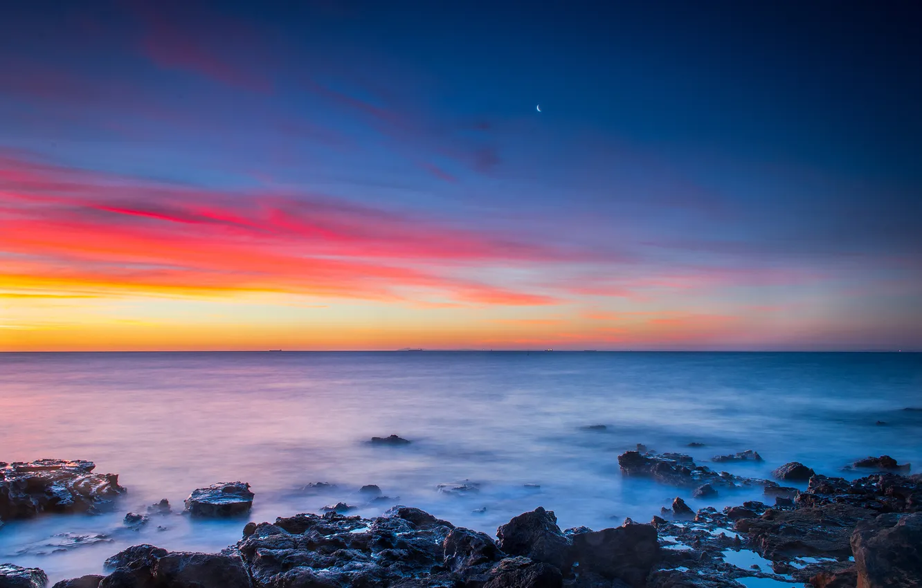 Photo wallpaper winter, sea, the sky, sunset, stones, the ocean, the moon, Australia