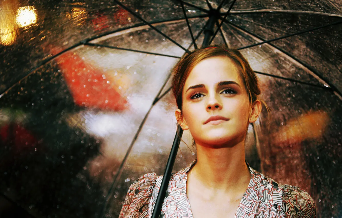 Photo wallpaper look, light, umbrella, rain, actress, Emma Watson, Emma Watson, daydreaming