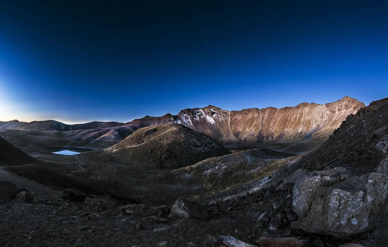 Photo wallpaper the sky, stars, sunset, mountains, lake