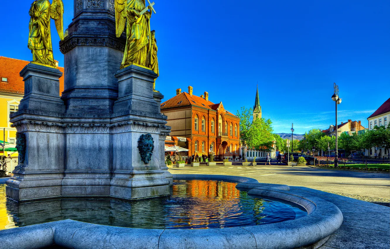 Photo wallpaper the sky, home, angel, lights, monument, fountain, Croatia, Zagreb