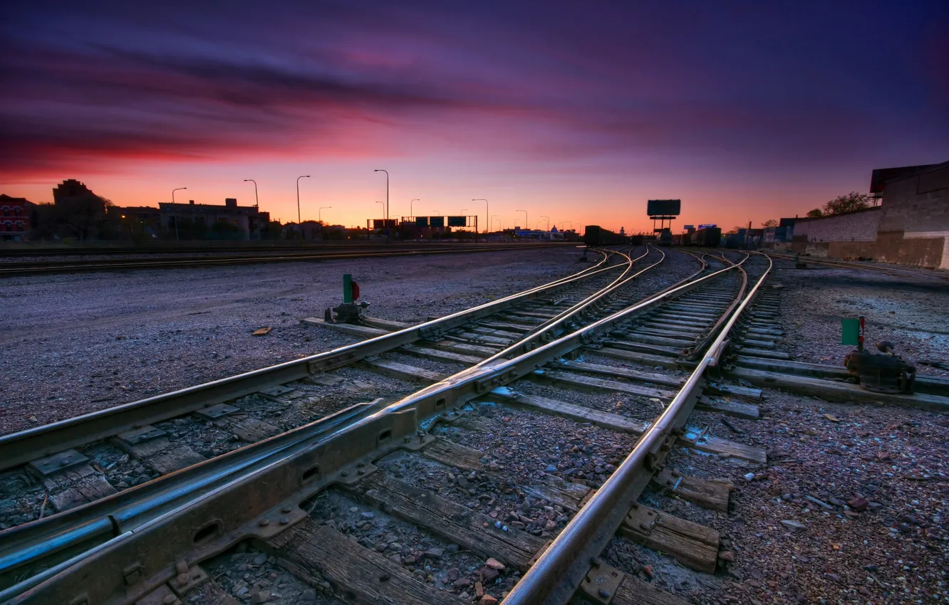 Photo wallpaper sunset, the city, railroad